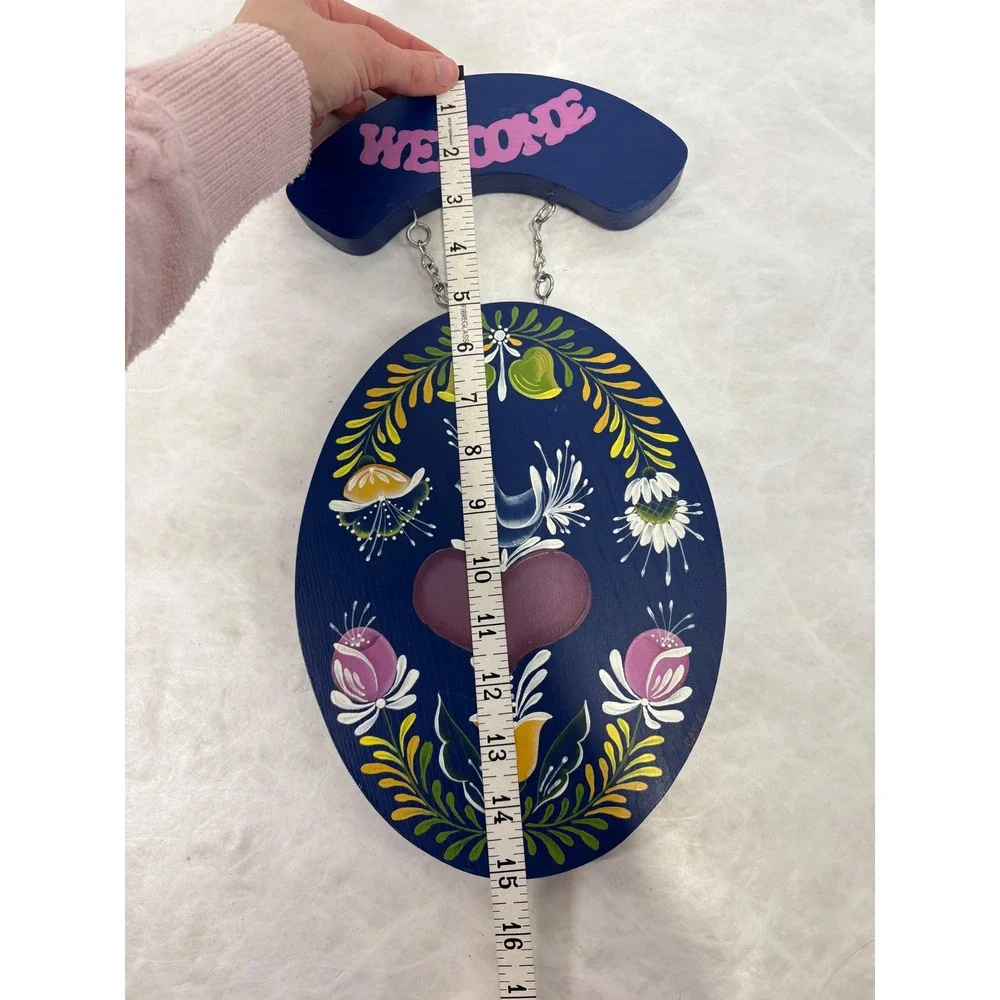 Vintage 1988 Hand Painted Rosemaling Wood Welcome Sign Folk Art Bird Heart Navy‎